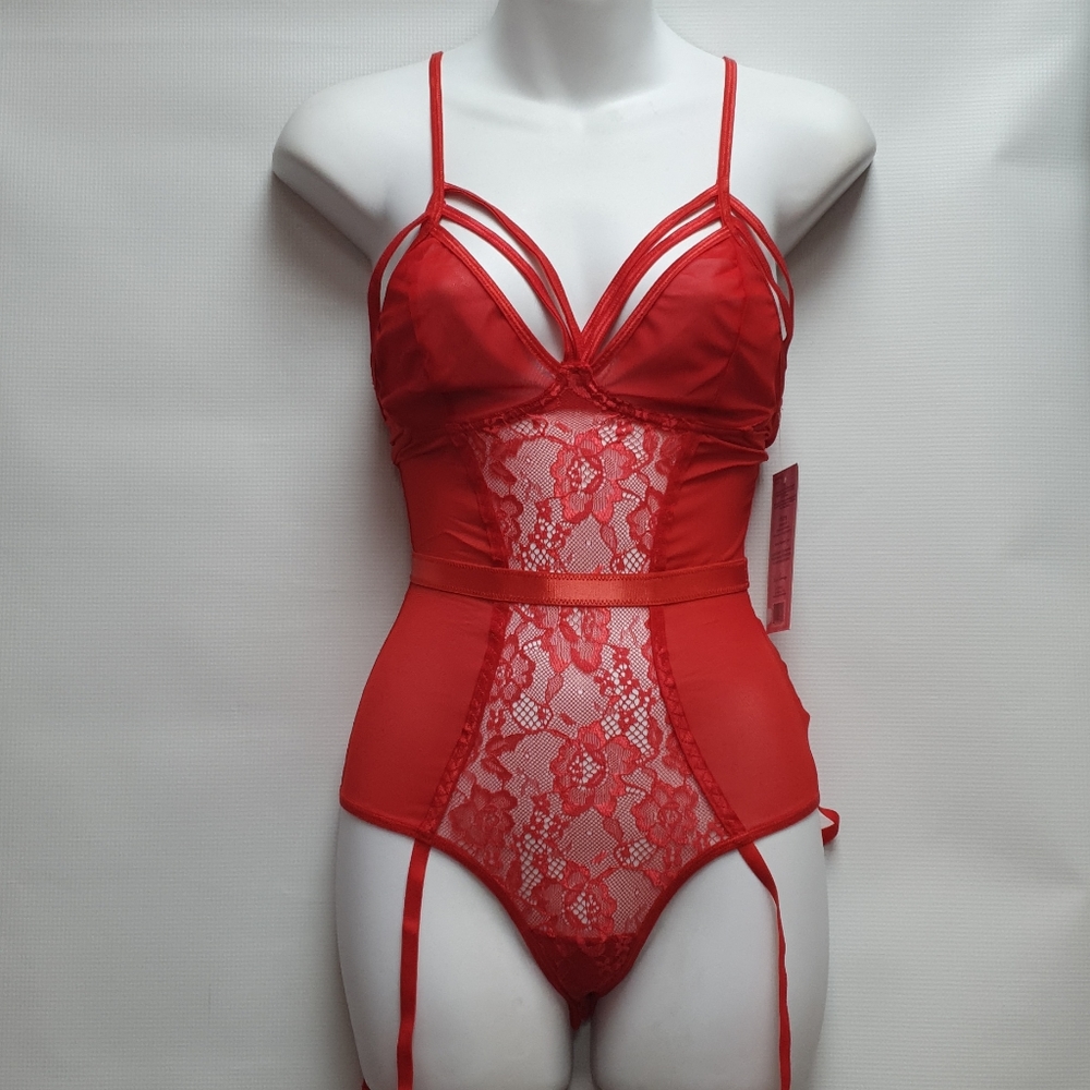 Red Sheer Lace Garter Teddy